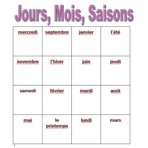 Jours Mois Saisons En Français Bingo
