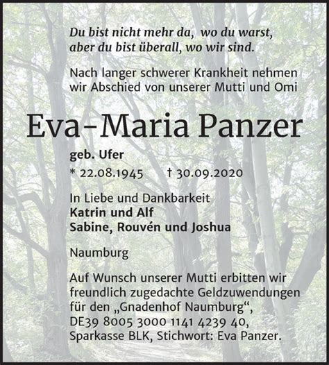 Traueranzeigen Von Eva Maria Panzer Abschied Nehmende