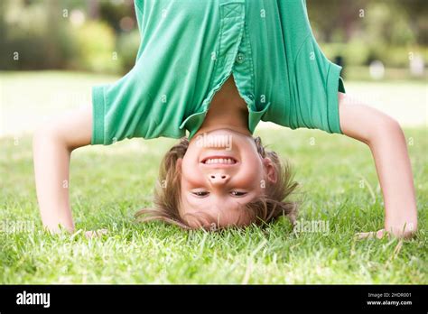 Boy Hand Stand Headstand Boys Handstands Headstands Stock Photo