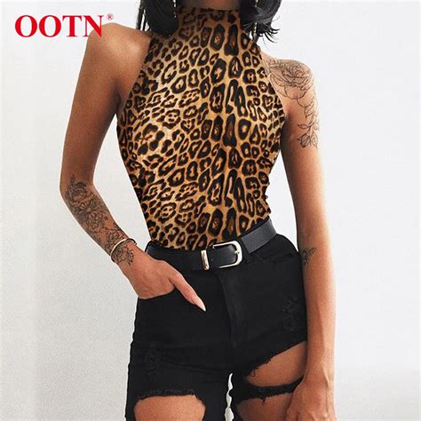 Ootn Leopard Print Sexy Bodysuits Mesh Womens Bodycon Jumpsuit Romper Turtleneck Sleeveless Slim