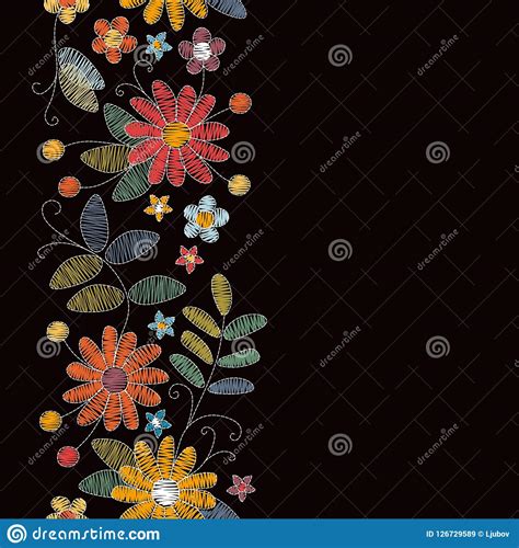Embroidery Seamless Border With Beautiful Summer Flowers Design For