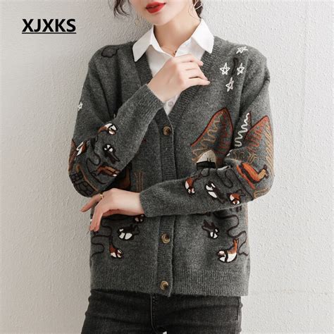 Xjxks New Knit Female Cardigan Sweater Streetwear Knit Sweater Coat Cute Cartoon V Neck Knitted