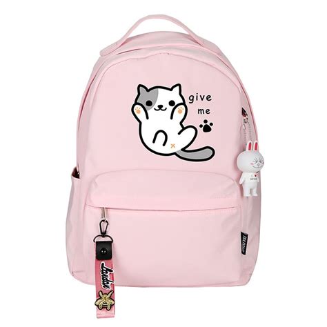 Women Neko Atsume Cat Backpack Kawaii Cute Backpack Pink School Bags Cartoon Travel Backpack