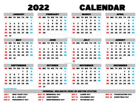 Download Free Printable Yearly Calendar 2022 Pdf Png