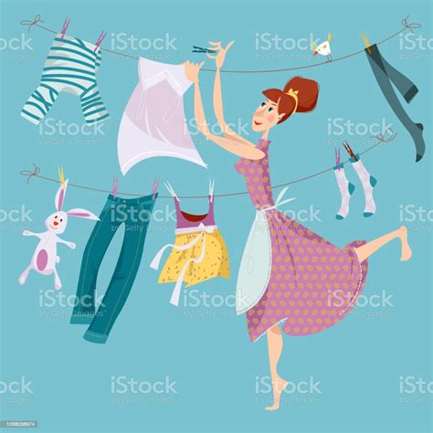 housewife hangs up clean clothes on a line after washing laundry stock illustration download