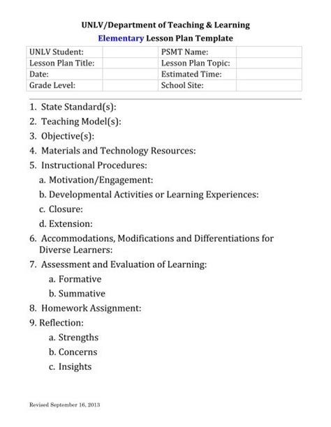 Elementary Lesson Plan Template Department Of Teaching
