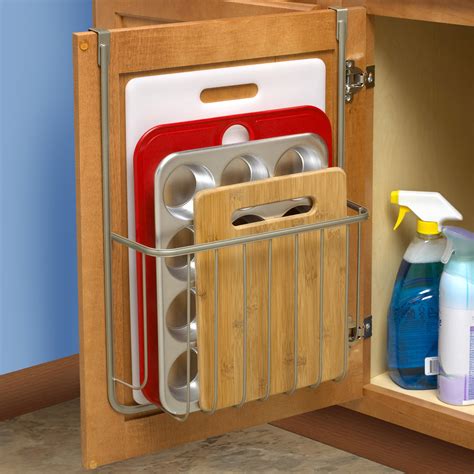 These drawers inserts come complete with movable pegs, allowing you to customize the arrangement to fit your dishes. Bakeware Organizer in Cabinet Door Organizers