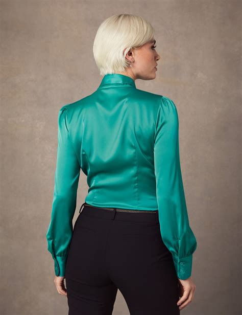 Womens Peacock Green Fitted Luxury Satin Blouse Pussy Bow Hawes