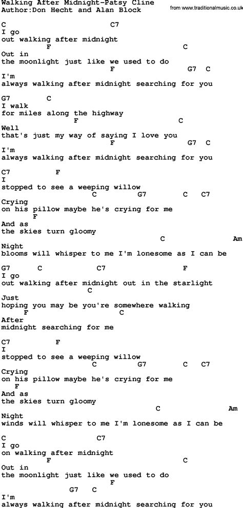 Country Music Song Walking After Midnight Patsy Cline Lyrics And Chords Patsy Cline Lyrics