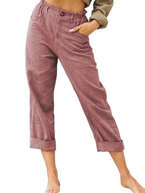 Wearella Womens Summer Plain Cotton Linen Elastic Waist Trousers Casual Loose Cropped Pants