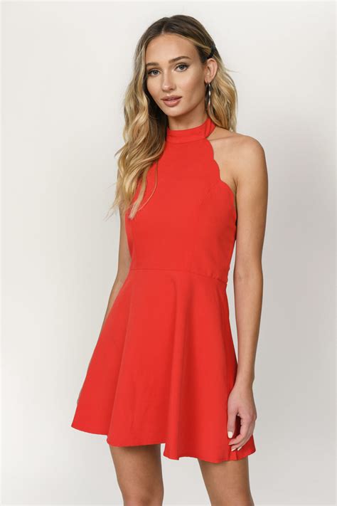 Red Mini Dress Skater Dress Halter Neck Dress