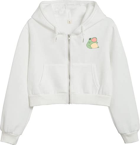 Kiekiecoo Cute Frog Crop Zip Up Hoodie Girls Kawaii Cottage Core Aesthetic Sweatshirt E Girl