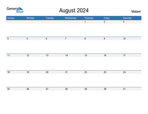August 2024 Calendar With Malawi Holidays