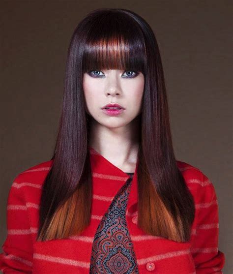 See our favorite celebrity bangs of all time, here. Long, straight, two-toned brown hairstyle with blunt bangs ...