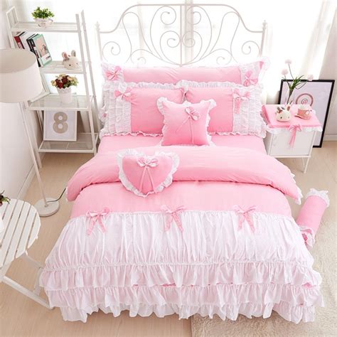34pcs Cotton Pink Princess Bedding Set Lace Edge Solid Pink And White