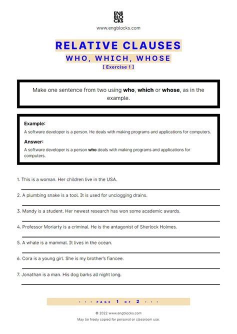Relative Clauses Who Which Whose Worksheet English Grammar