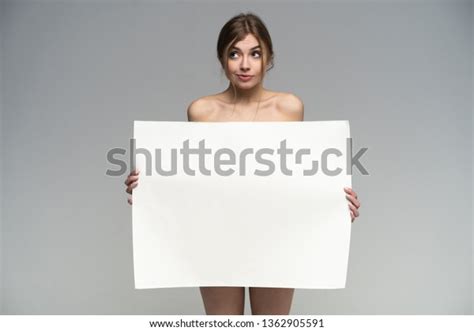 Sexy Naked Girl With A Poster Clean Skin Hair Removed Isolate For