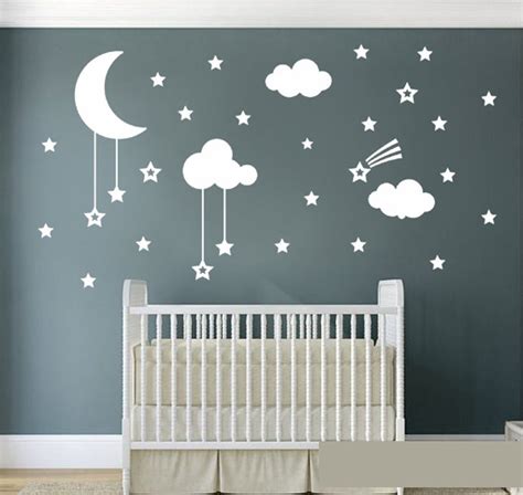 Nursery Wall Stickers White Moon Clouds And Hanging Stars Etsy