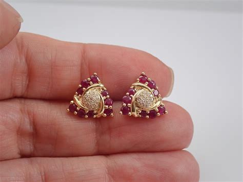 Ruby And Diamond Stud Earrings Cluster Studs Yellow Gold July Birthstone