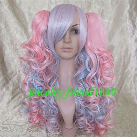Hot Free Shipping Cosplay Long Pink And Blue With Bang Curly Wig 2