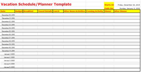 Vacation Planner Excel Template