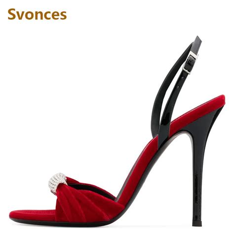 Women Sandals Red Flock Thin High Heels Crystal Luxury Sex Sandals