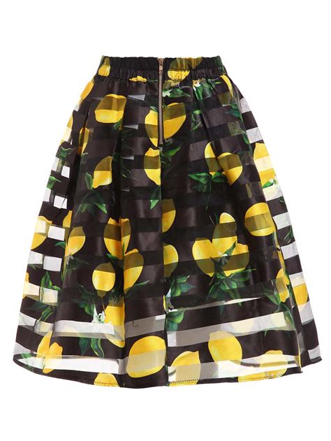 Lemon Print Box Pleated Midi Skirt Sheinsheinside