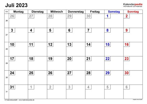 Kalender Juli 2023 Als Excel Vorlagen