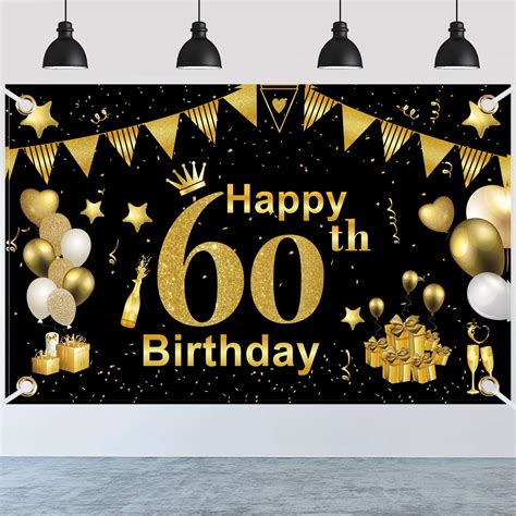 Happy 60th Birthday Backdrop Banner Extra Large Black Gold Photo Booth
