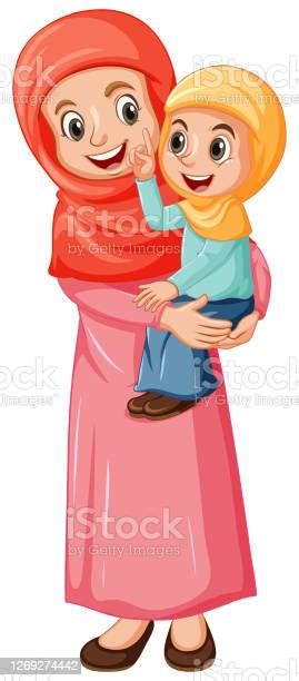 Arab Muslim Mom And Daughter In Traditional Clothing Isolated On White