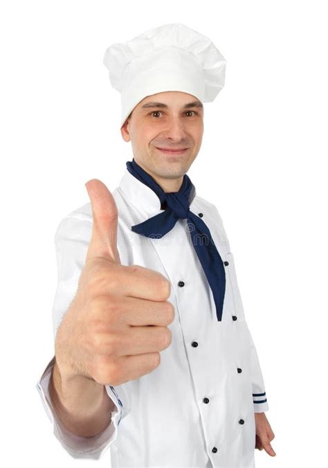Gelukkige Chef Kok Met Omhoog Duimen Stock Afbeelding Afbeelding Bestaande Uit Succes Vrolijk