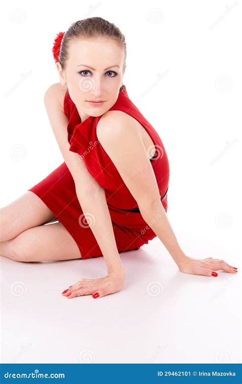 The Girl In The Red Dress Sits On The Floor Stock Image Image Of