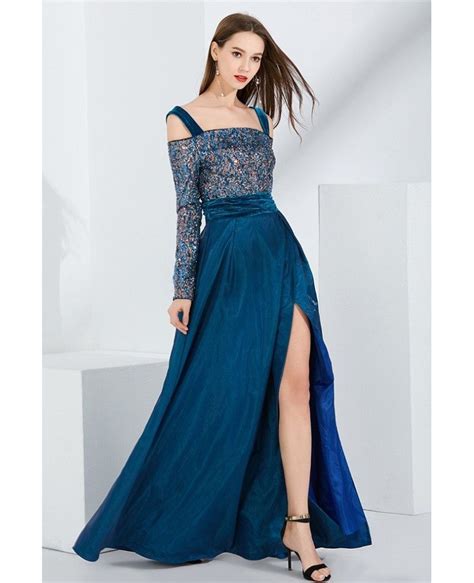 Off Shoulder Long Sleeves Blue Sequin Velvet Formal Dress With Slit Ck771