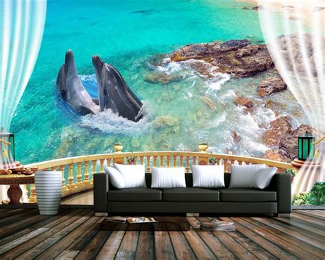 Beibehang Home Decoration Wallpaper European Balcony Sea View Marine Dolphin Stone Tv Sofa