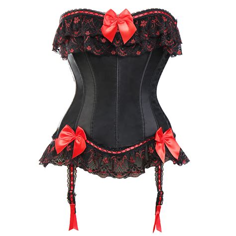 Steampunk Gothic Waist Trainer Corset Red Bow Satin Lace Up Dress