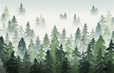 Green Watercolor Forest Tree Silhouette Wallpaper Mural Hovia