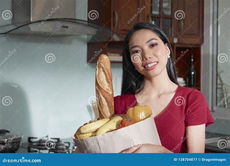 Portrait Of Housewife With Groceries Stock Image Image Of Baguette Bread 138704877