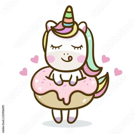 Hand Drawn Unicorn Cartoon Eat Donut Cake Birthday Stock Vector Adobe