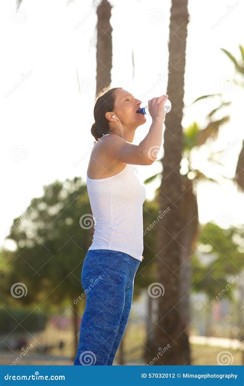 Healthy Woman Drinking Water After Exercise Workout Stock Photo Image