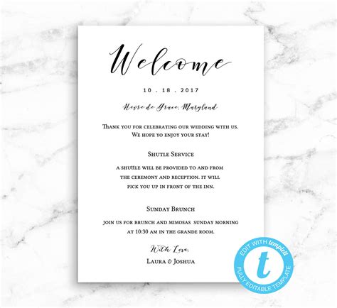 Wedding Hotel Bag Welcome Card Editable Instant Download Etsy