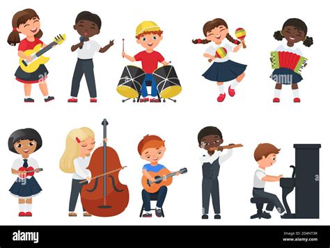 Niño De Dibujos Animados De Ilustración Vectorial Tocando Instrumentos