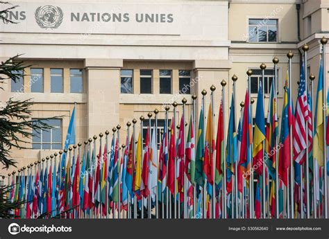 Multitude Flagpoles United Nations Palace Geneva Close Shot People