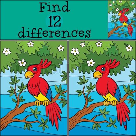 Children Games Find Differences Little Cute Parrot Sits On The Tree