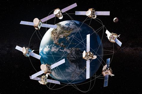 Space Satellites In Orbits Around The Earth Globe 3d Rendering Stock