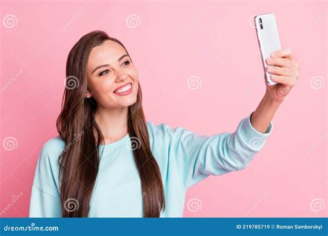 Photo Of Cute Attractive Girl Take Selfie Phone Wear Blue Pullover