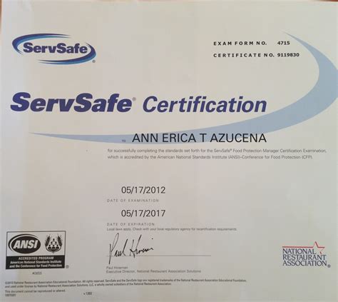 California certified professional food safety manager (cpfm) since 2000, california law has required each retail food facility to have at least one owner, manager, supervisor, or other person certified as a certified professional food manager (cpfm) also known as servsafe® or food protection manager. Certificates - Erica Azucena's Dietetics Portfolio