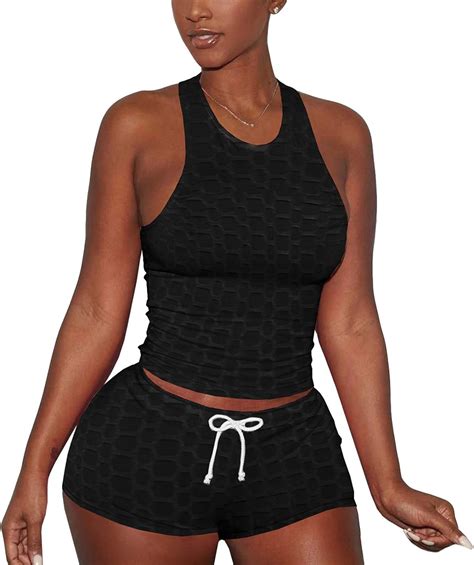 2 Piece Short Workout Sets For Women Racerback Sport Tank Textured Butt Lifting Shorts With