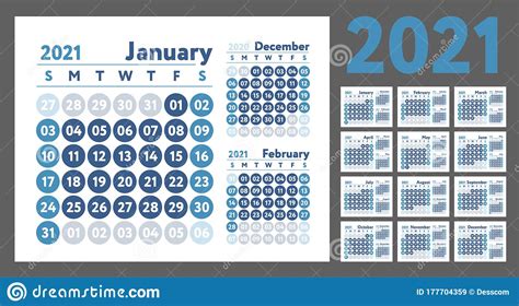 2021 Calendar New Year Planner Design English Calender Blue Color