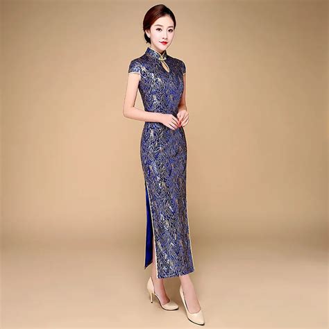 the new listing 2018 blue qipao long chinese dress cheongsam sexy robe oriental style dresses