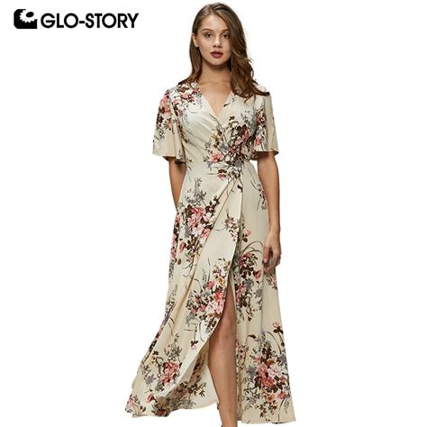 Glo Story 2019 New Fashion Ladies Floral Split V Neck Boho Maxi Dress